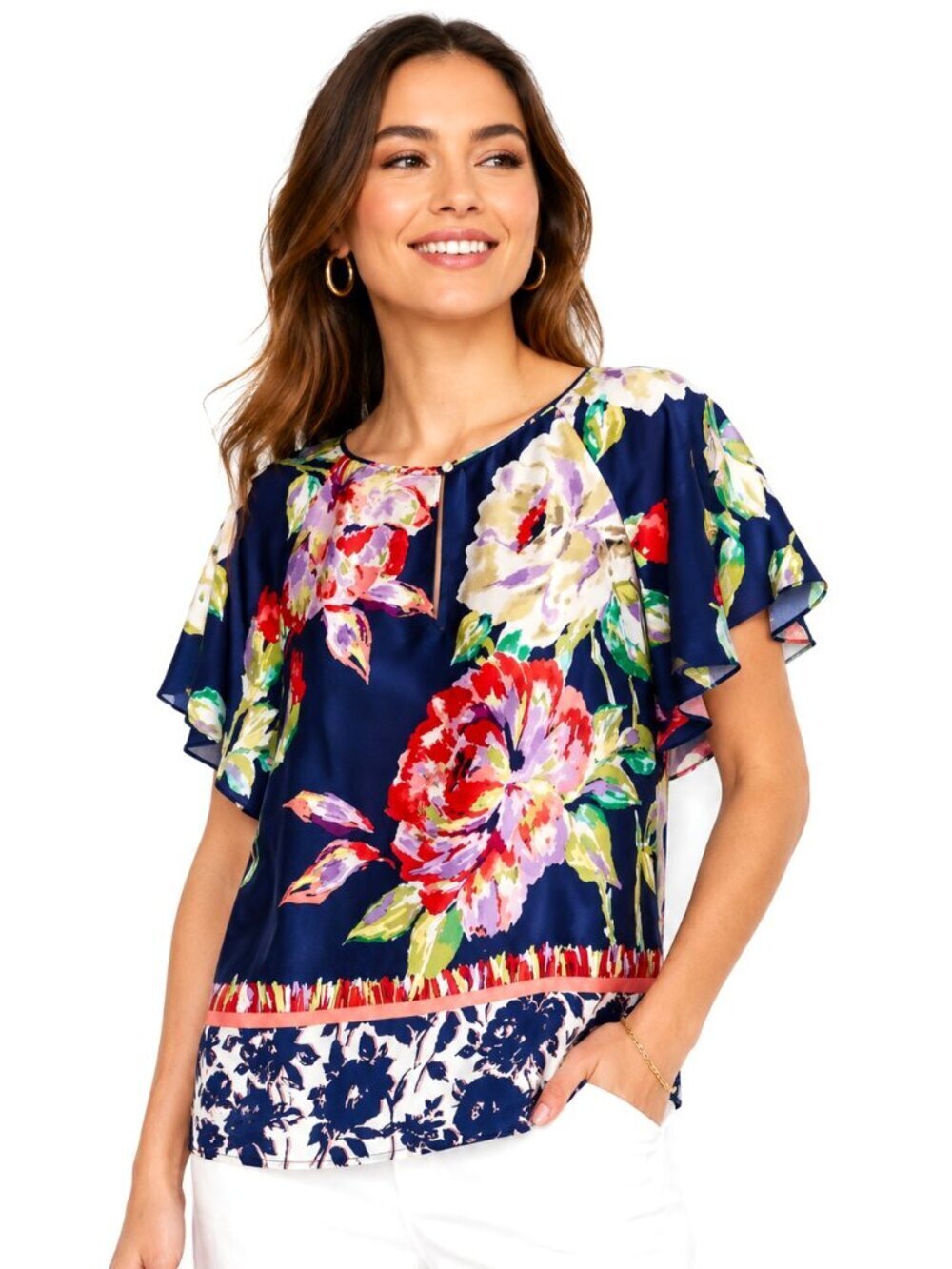 Maeve Blue Floral Silk Fan Sleeve Top